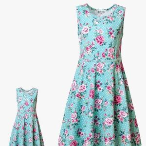 Floral turquoise matching dress set for girl + doll Kids Sz 150